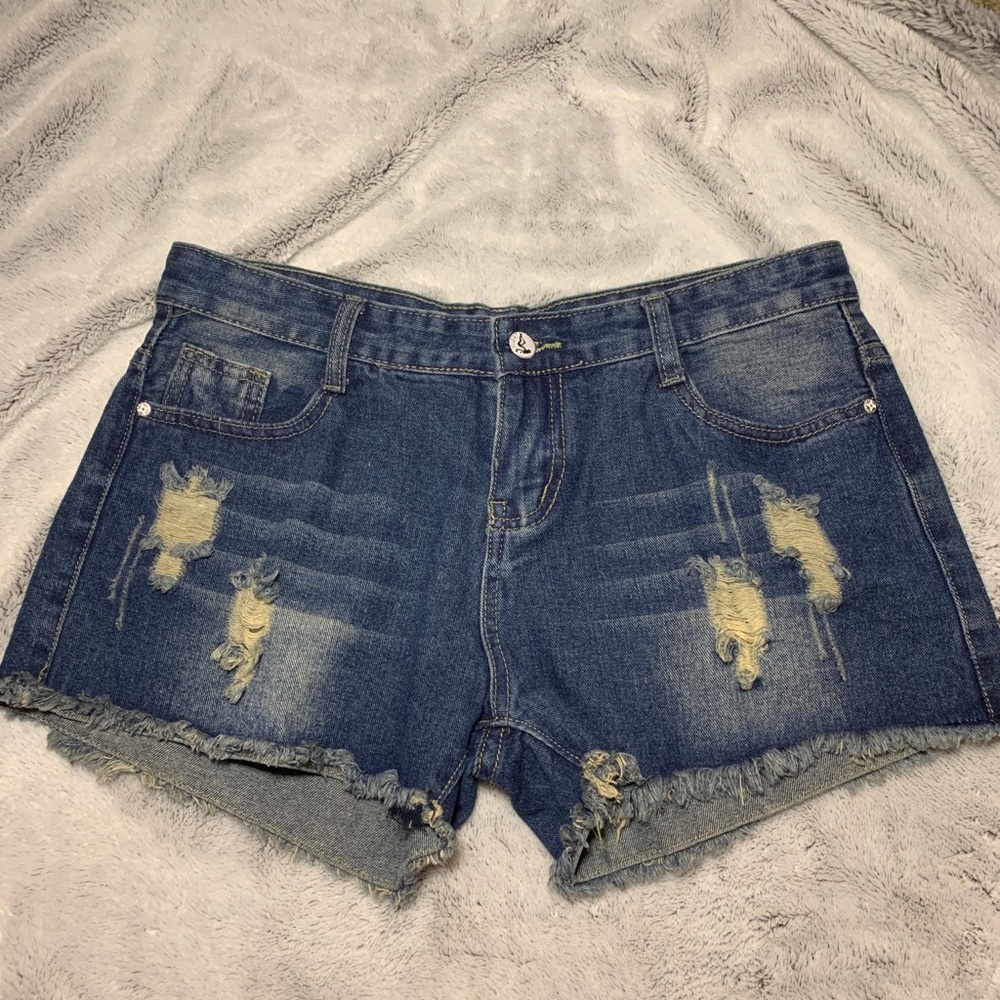 Distressed jean shorts